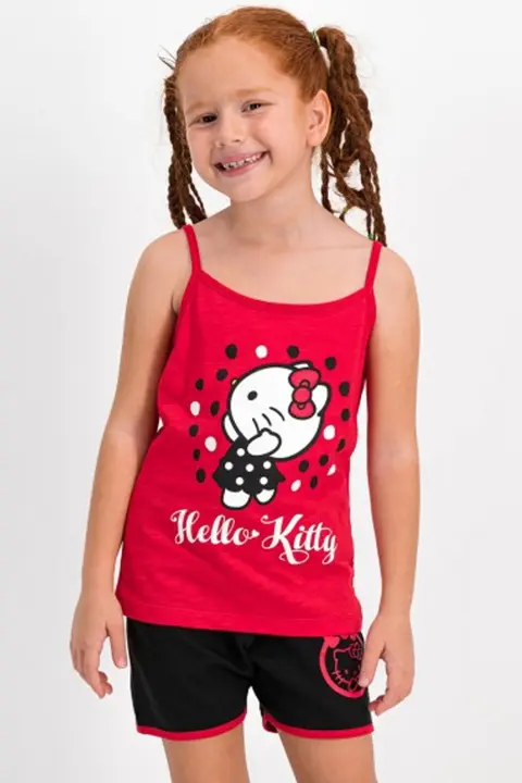 Pijama fete cu maiou și pantalon scurt, imprimeu Hello Kitty, Rosu