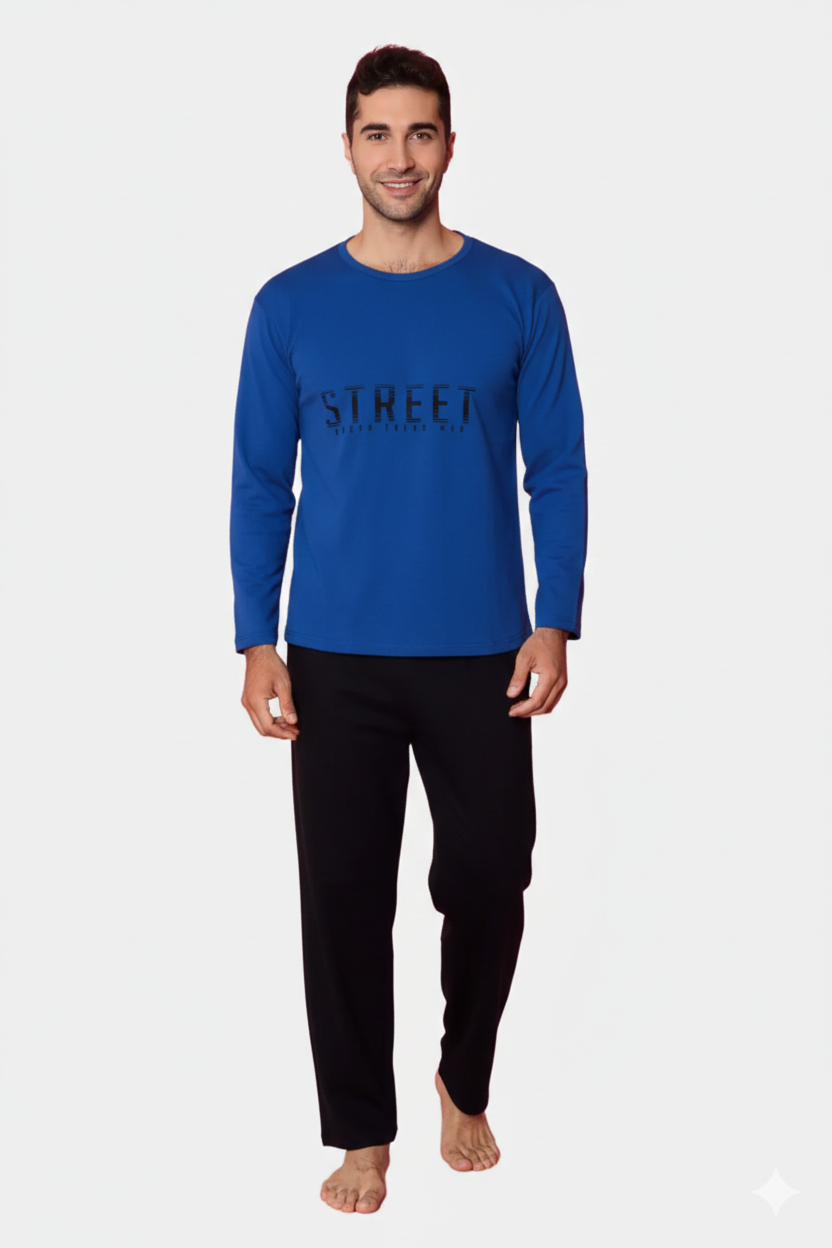 Pijama bărbați vătuită – Albastru, mânecă lungă, pantaloni lungi, imprimeu ,,Street''