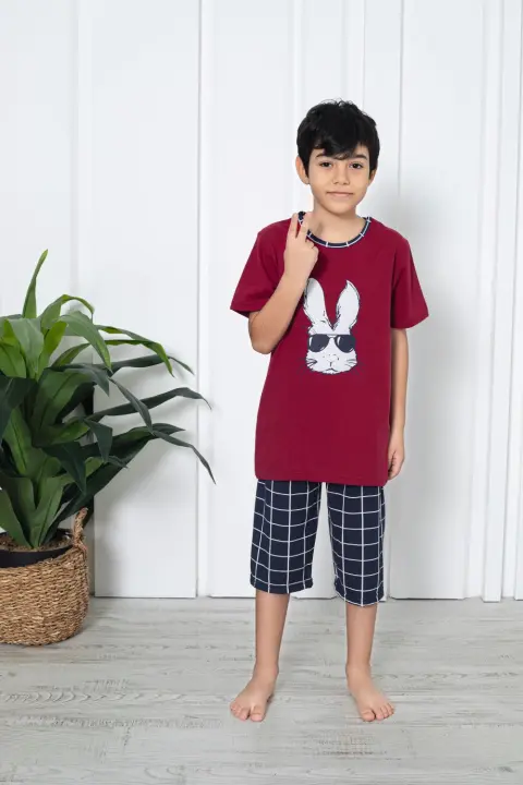 Pijama băieți, mânecă scurtă , imprimeu iepure cu ochelari, rosu