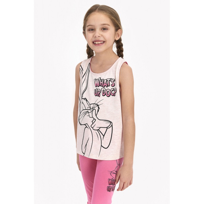 Pijama copii cu maiou si pantaloni trei sferturi, imprimeu Looney Tunes, roz