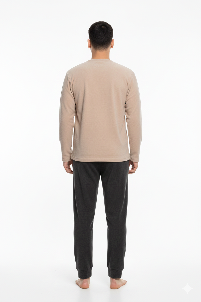Pijama bărbați pentru sezonul rece crem & gri închis „DON’T QUIT” – material polar