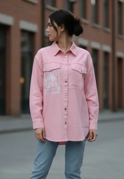 Cămașă denim damă roz cu capse și imprimeu „Love Insensitize”