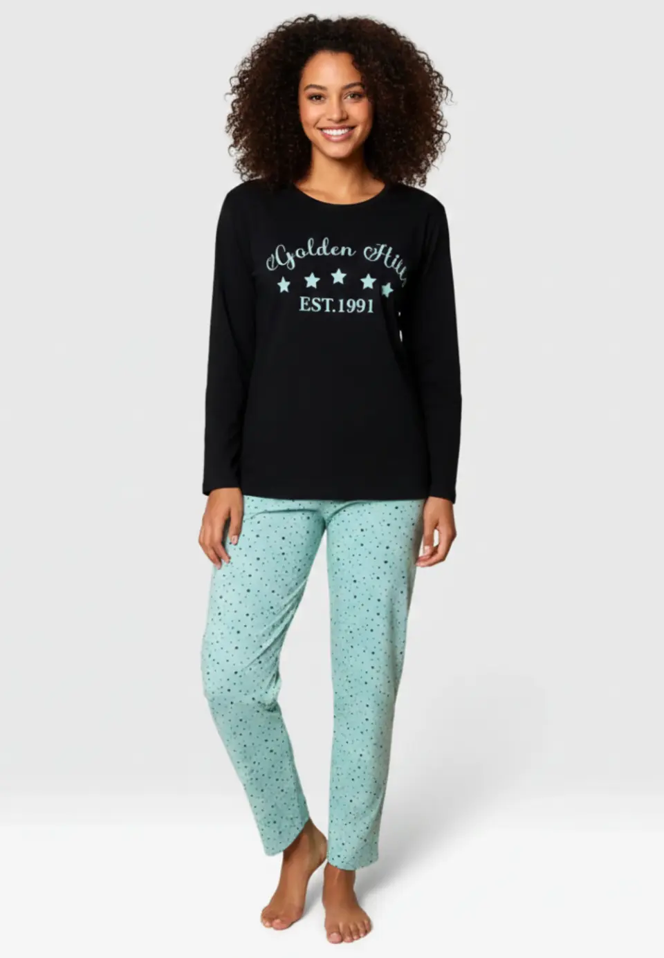 Pijama damă, cu mânecă lungă și pantaloni lungi din bumbac, imprimeu Golden Hills