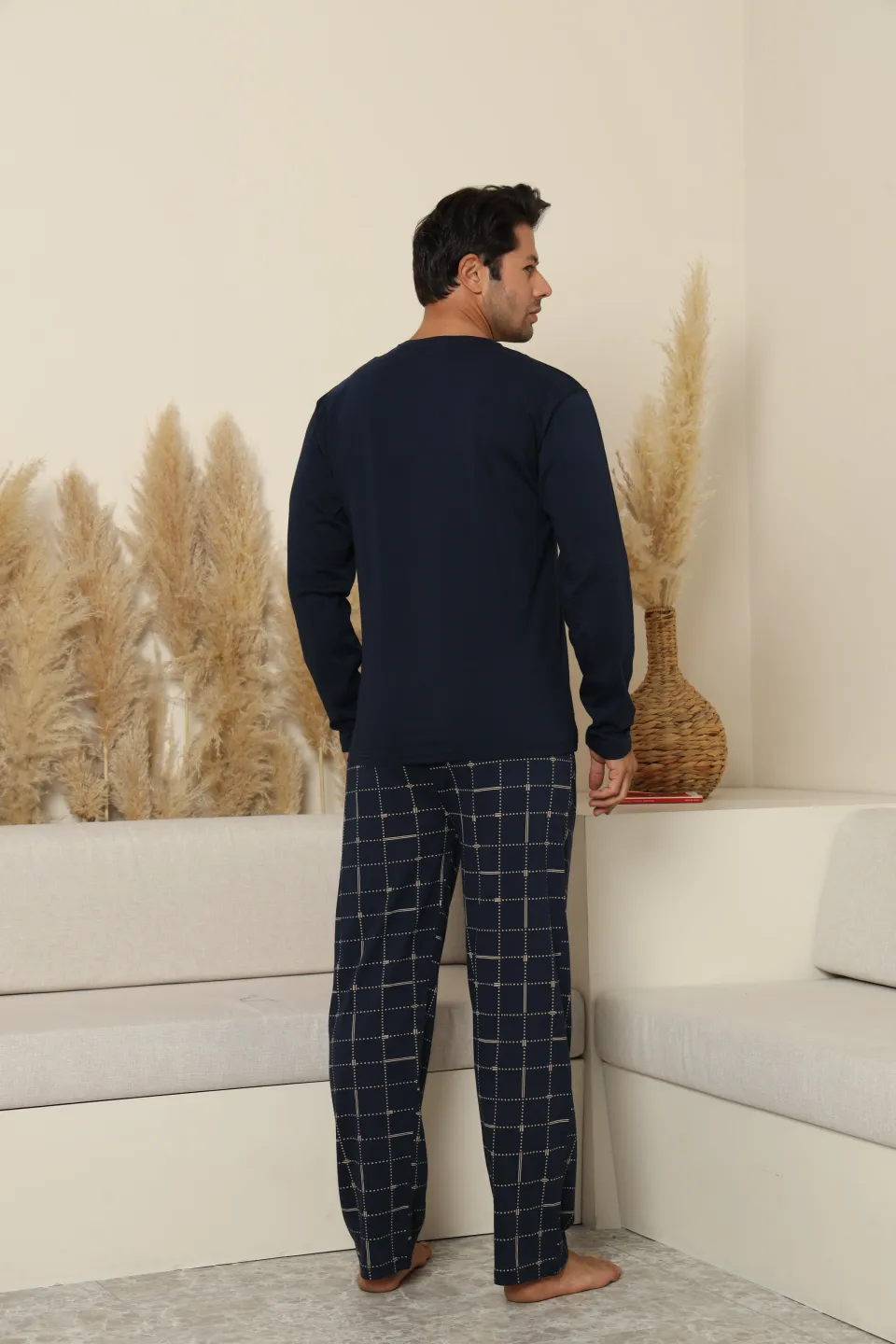 Pijamale bărbați bleumarin cu pantaloni lungi în carouri – 100% bumbac
