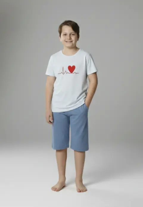 Pijama familie-copii, bumbac, mânecă scurtă și pantaloni 3/4, albastru