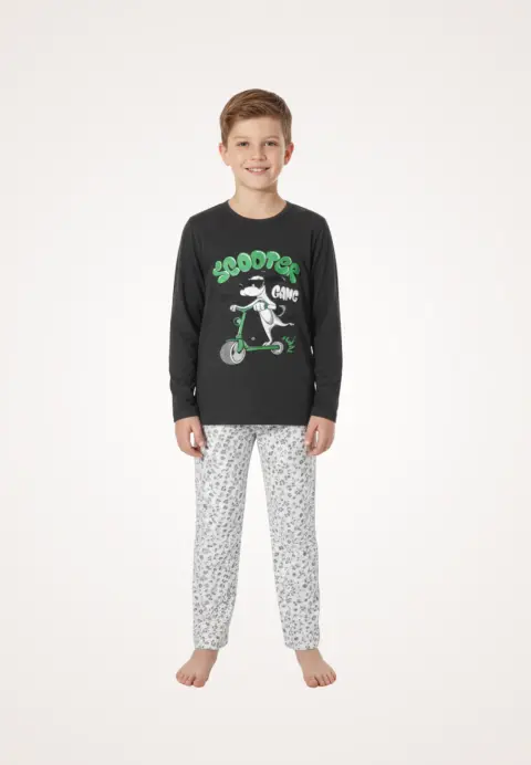 Pijama băieți cu mânecă lungă și pantaloni lungi, imprimeu Scooter, negru