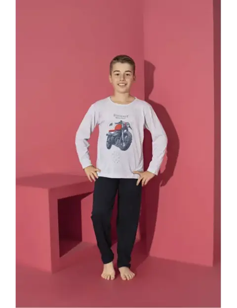 Pijama băieți cu mânecă lungă și pantaloni lungi, imprimeu motoretă, gri