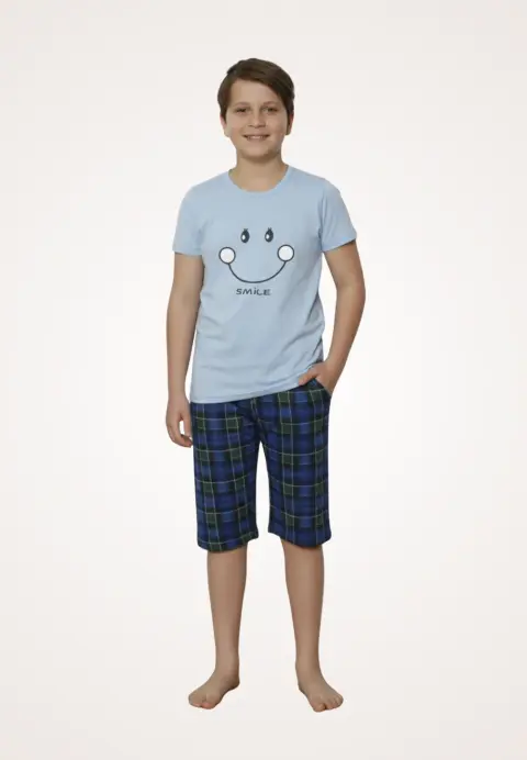 Pijama familie-copii, bumbac, mânecă scurtă și pantaloni 3/4, albastru