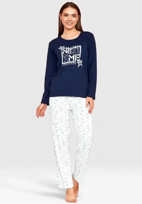 Pijama damă, cu mânecă lungă și pantaloni lungi din bumbac, imprimeu Next Time