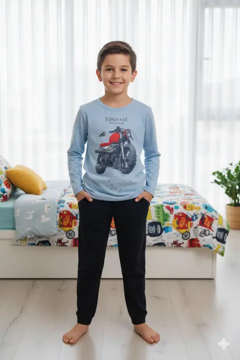 Pijama băieți cu mânecă lungă și pantaloni lungi, imprimeu motoretă, blue