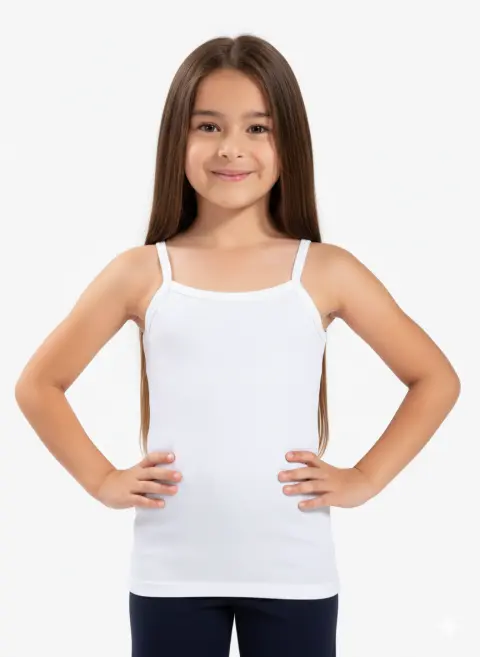 Maiou Alb Fete din Bumbac – Bretele Subțiri, Decolteu Rotund