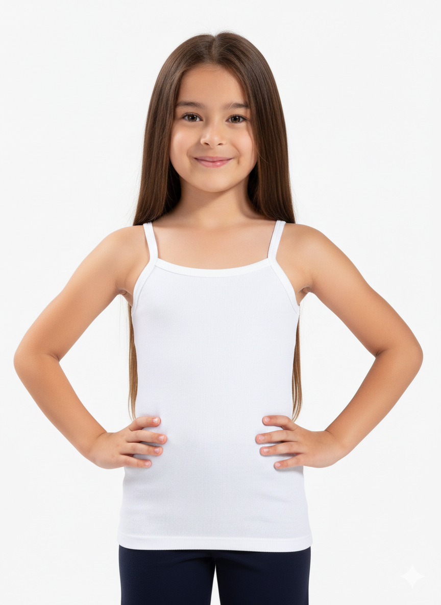 Maiou Alb Fete din Bumbac – Bretele Subțiri, Decolteu Rotund
