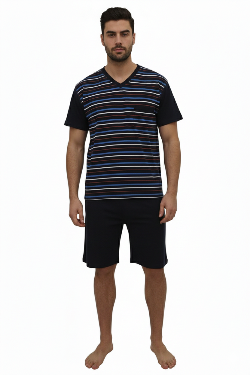 Pijama bărbați din bumbac, mânecă scurtă și pantaloni scurti- culoare negru