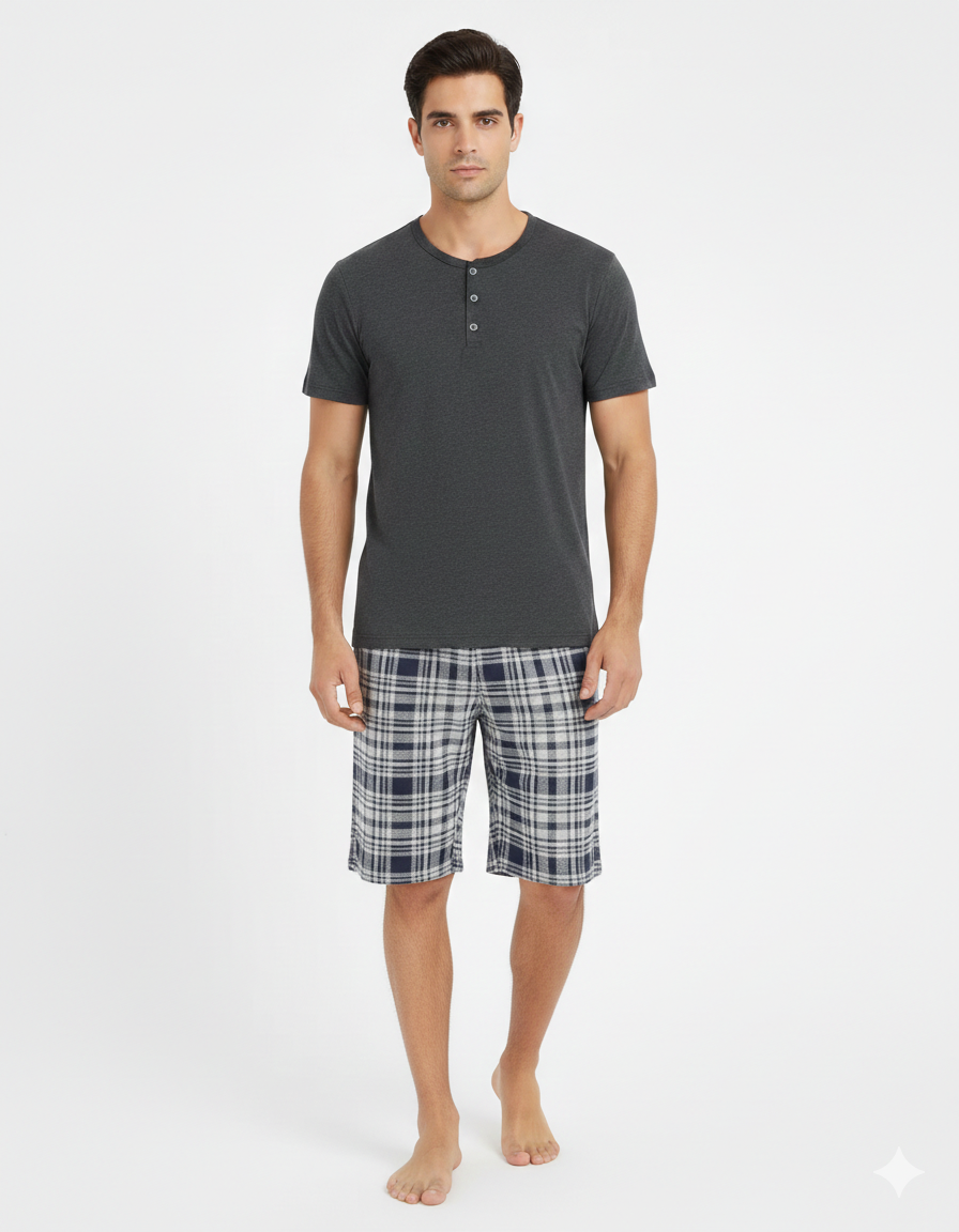 Pijama pentru bărbați, mânecă scurtă și pantaloni scurți, gri