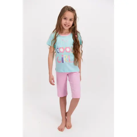 Pijama fetițe bumbac, mânecă scurtă și pantaloni 3/4, imprimeu Cool Girl, albastru