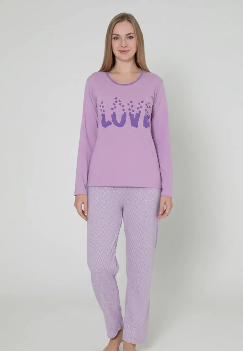 Pijama damă cu mânecă lungă și pantaloni lungi, imprimeu ,,Love'', culoare mov