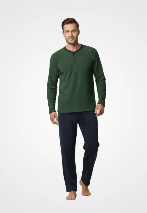 Pijamale bărbați polar verde închis și bleumarin cu decolteu cu nasturi