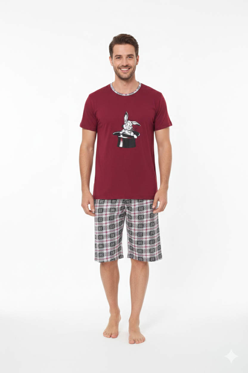 Pijama bărbat din bumbac, mânecă scurtă și pantaloni 3/4, imprimeu iepure, rosu