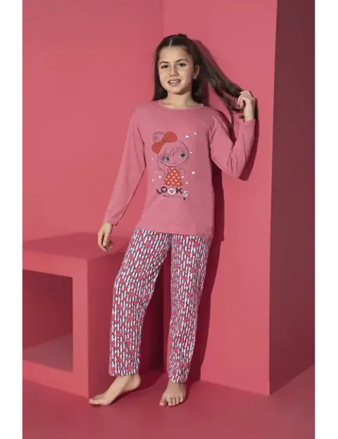Pijama Fete, Mânecă Lungă, Imprimeu Looks, Roz Închis