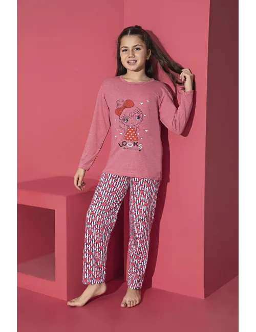 Pijama Fete, Mânecă Lungă, Imprimeu Looks, Roz Închis