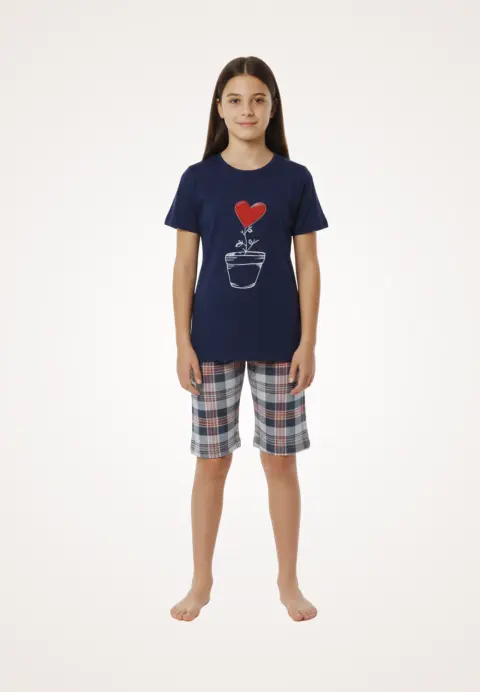 Pijama familie-copii, bumbac, mânecă scurtă și pantaloni 3/4, bleumarin