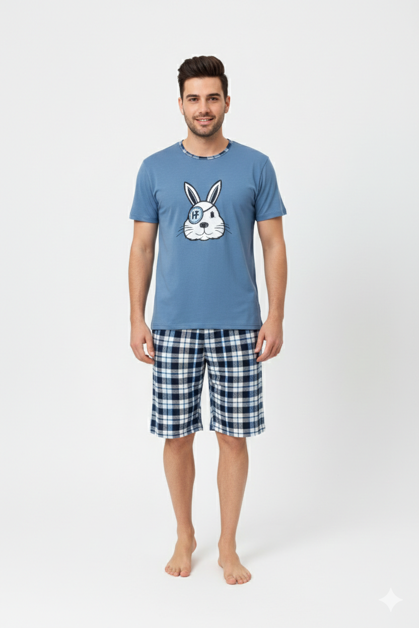 Pijama bărbat din bumbac, mânecă scurtă și pantaloni 3/4, imprimeu iepure pirat, albastru