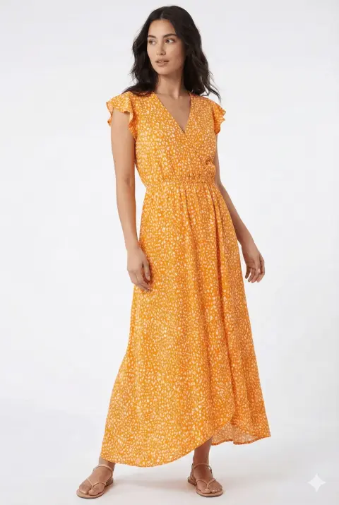 Rochie damă lungă, mâneci scurte cu volănașe, decolteu în V- portocaliu