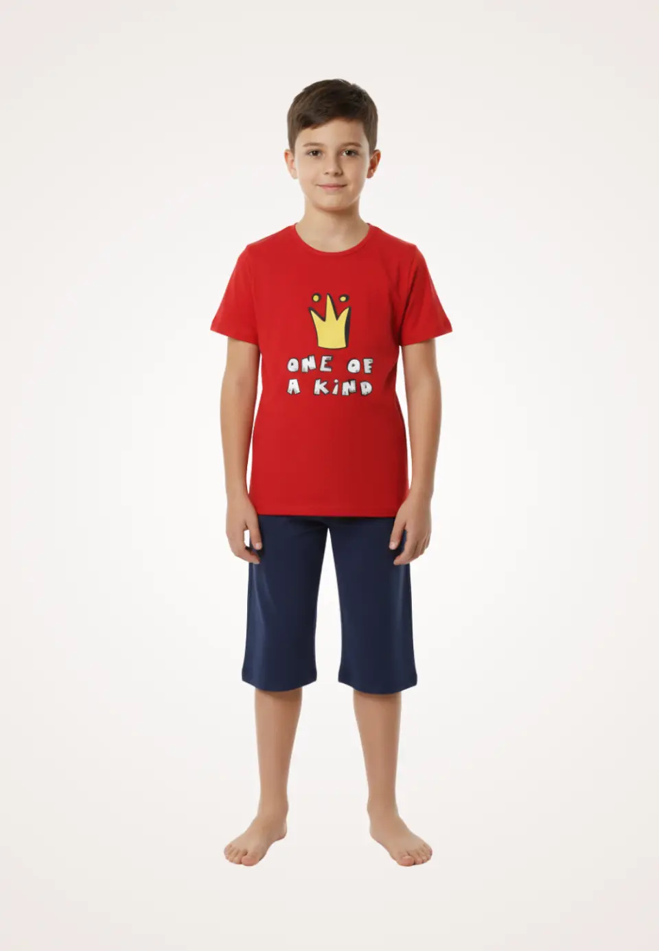 Pijama familie-copii, bumbac, mânecă scurtă și pantaloni 3/4, roșu