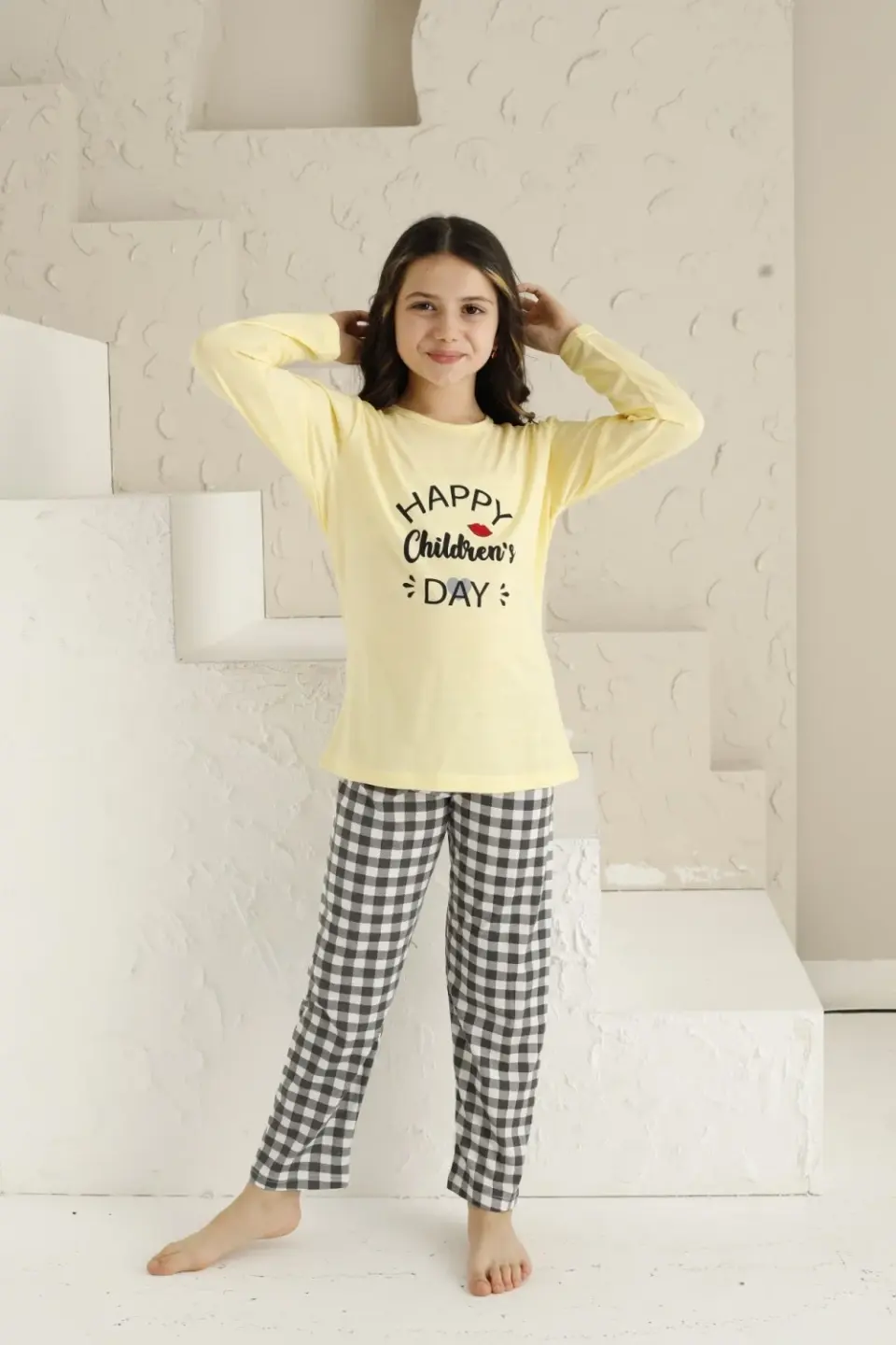 Pijama Fete Happy Children Day, Galben cu Mâneca Lungă