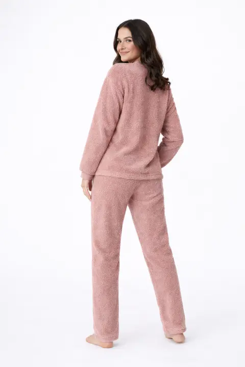 Pijamale damă cocolino roz pudră cu imprimeu „Meow”