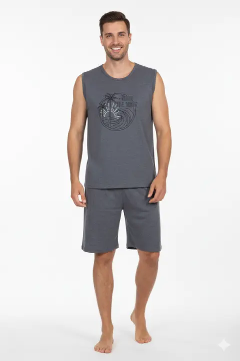 Pijama bărbați din bumbac –maiou cu imprimeu "Surf The Wave"- Gri