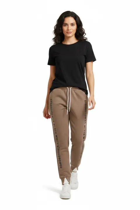 Pantaloni damă maro cu șiret reglabil și imprimeu lateral „Strong Power”