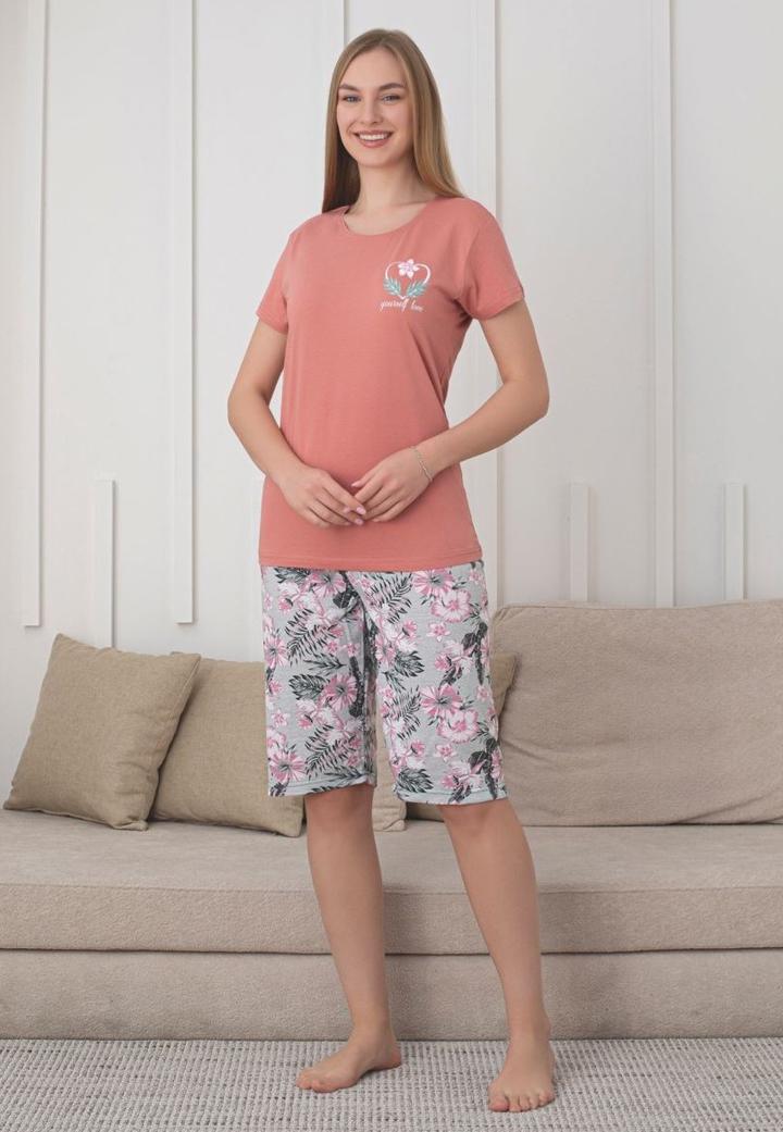 Pijama damă capri, cămașă scurtă, Maro deschis