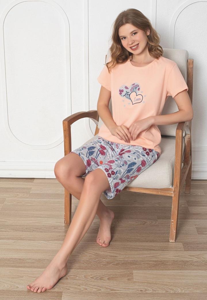 Pijama de dama capri din bumbac, Somon