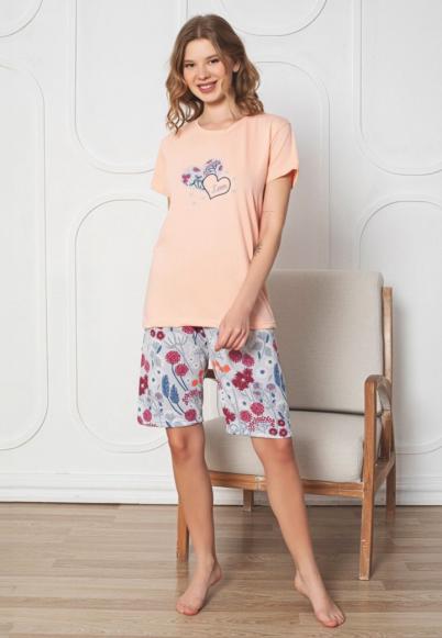Pijama de dama capri din bumbac, Somon
