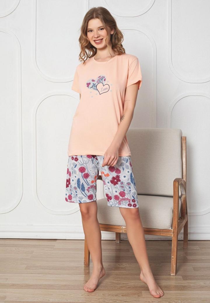 Pijama de dama capri din bumbac, Somon
