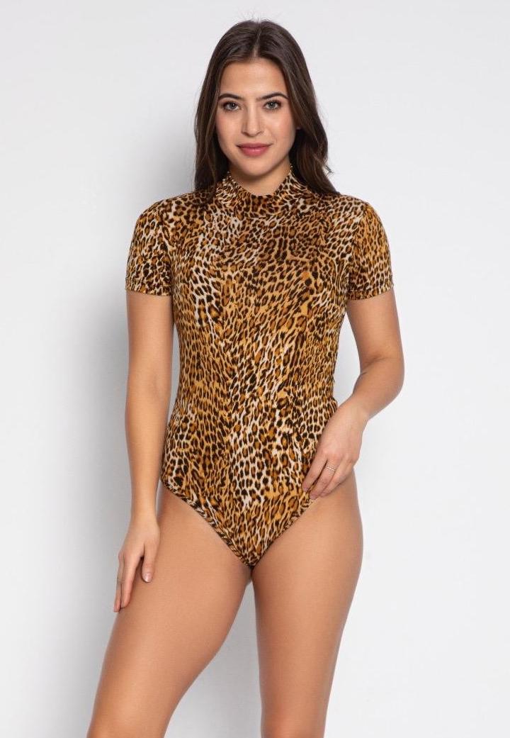 Body dama leopard cu mâneci scurte