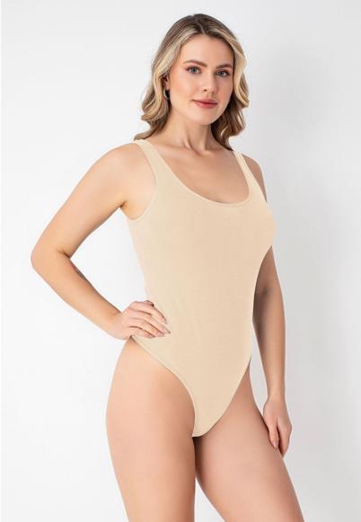Body dama tanga cu bretea lata, din bumbac, Bej