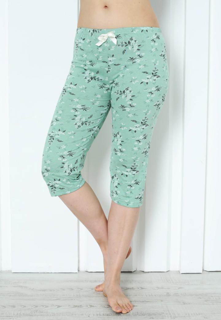 Pantaloni pijama damă 3/4, verde, imprimeu flori