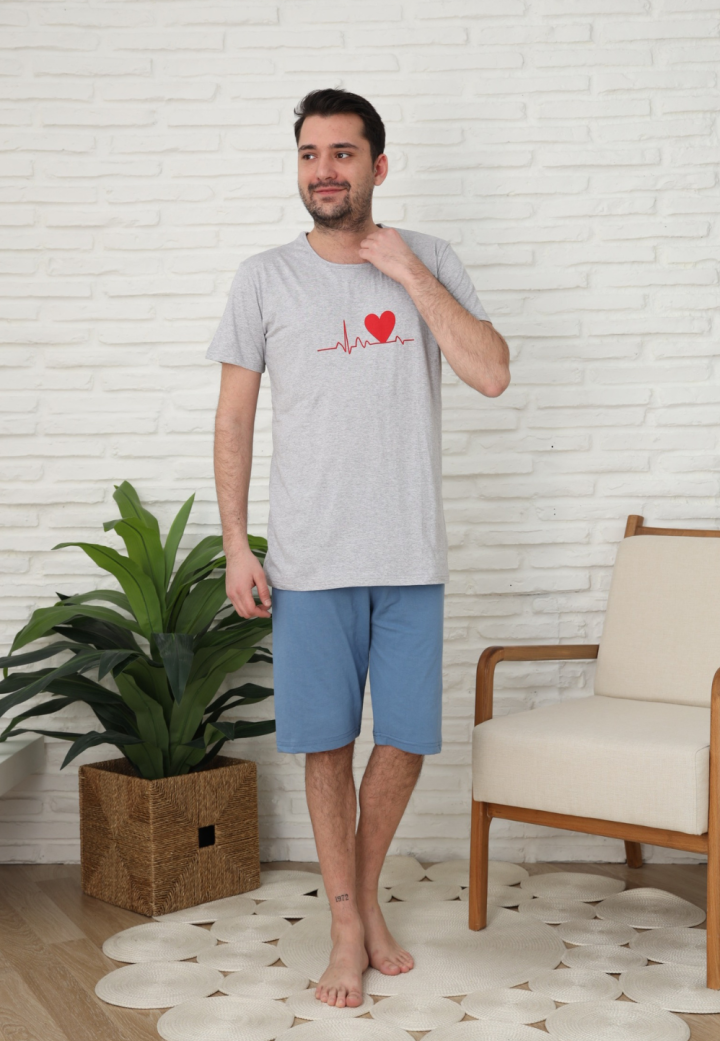 Pijama bărbați, bumbac, mânecă scurtă și pantaloni 3/4, Gri