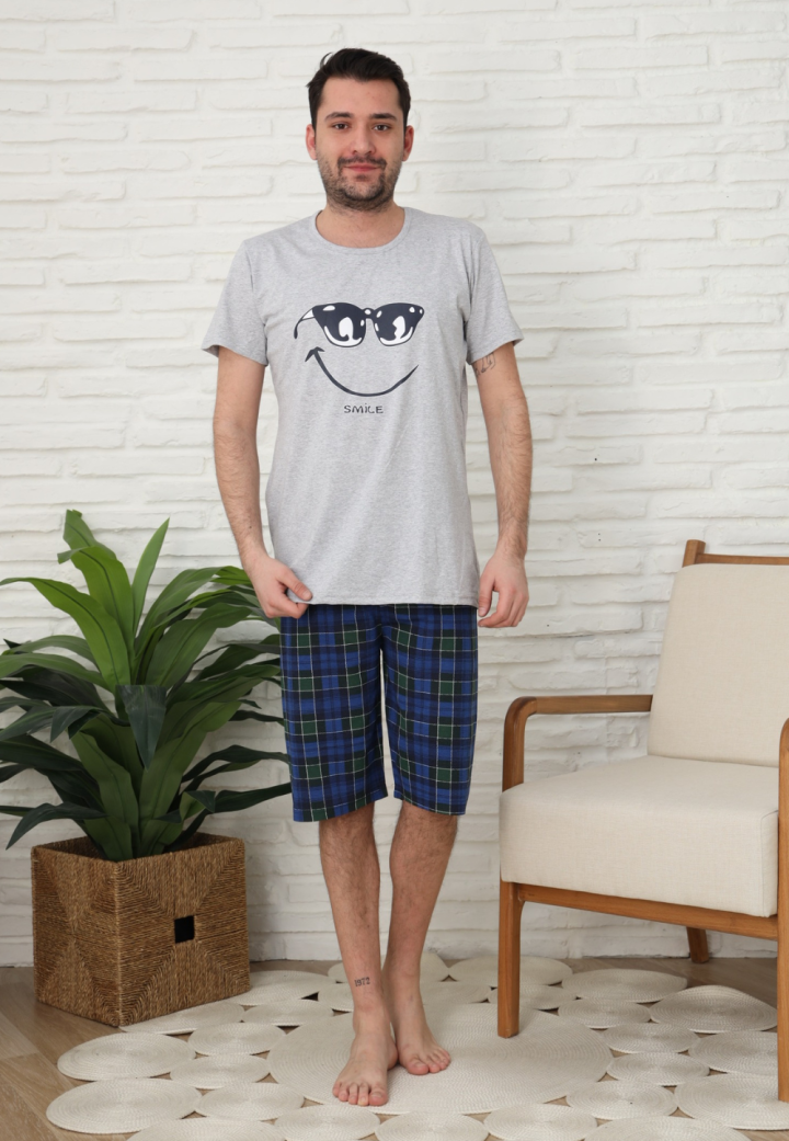 Pijama bărbați, bumbac, mânecă scurtă și pantaloni 3/4, Gri