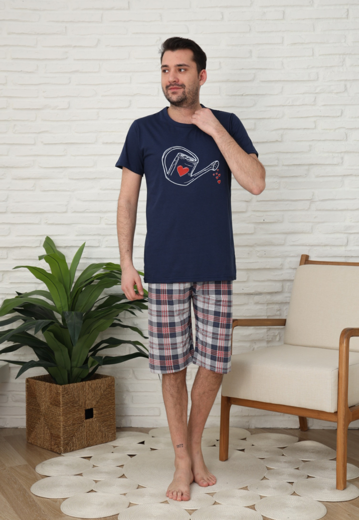 Pijama bărbați, bumbac, mânecă scurtă și pantaloni 3/4, Bleumarin