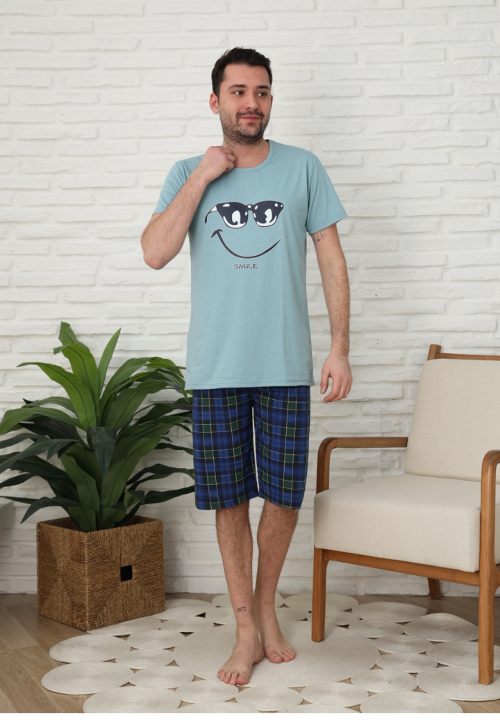 Pijama bărbați, bumbac, mânecă scurtă și pantaloni 3/4, Verde