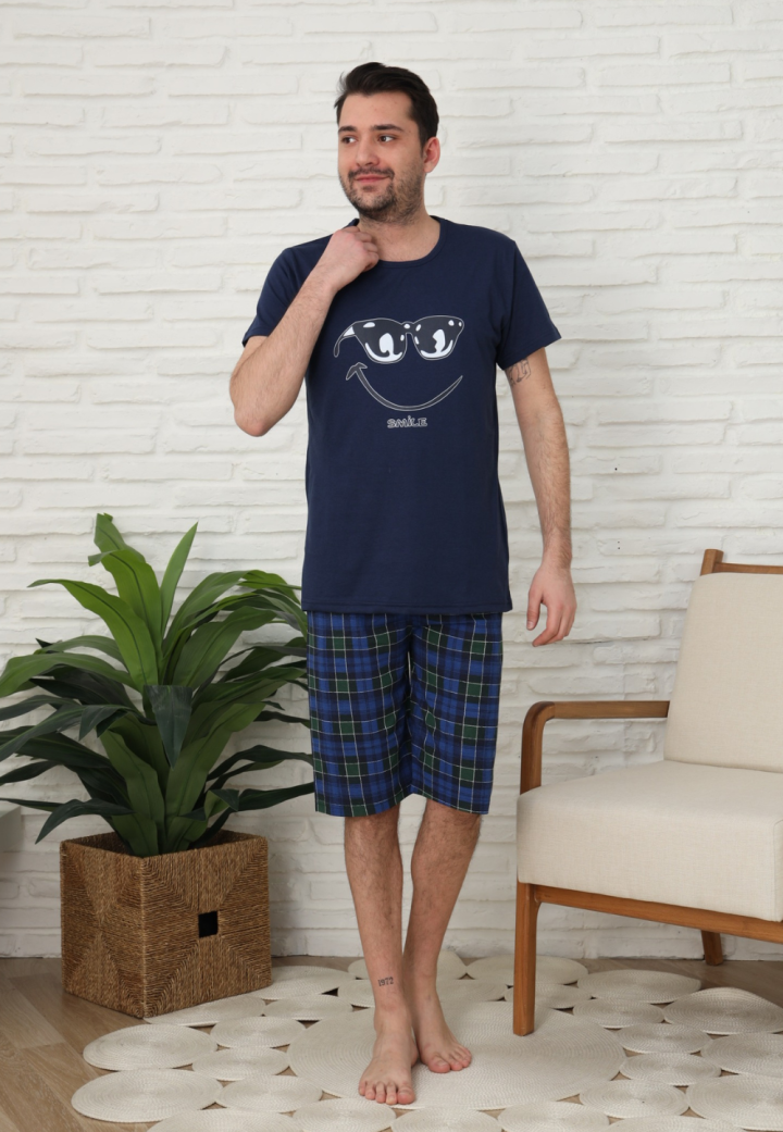 Pijama bărbați, bumbac, mânecă scurtă și pantaloni 3/4, Bleumarin