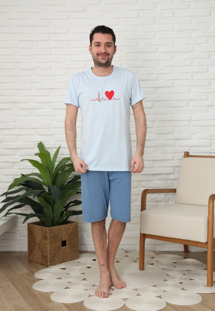 Pijama bărbați, bumbac, mânecă scurtă și pantaloni 3/4, Albastru deschis