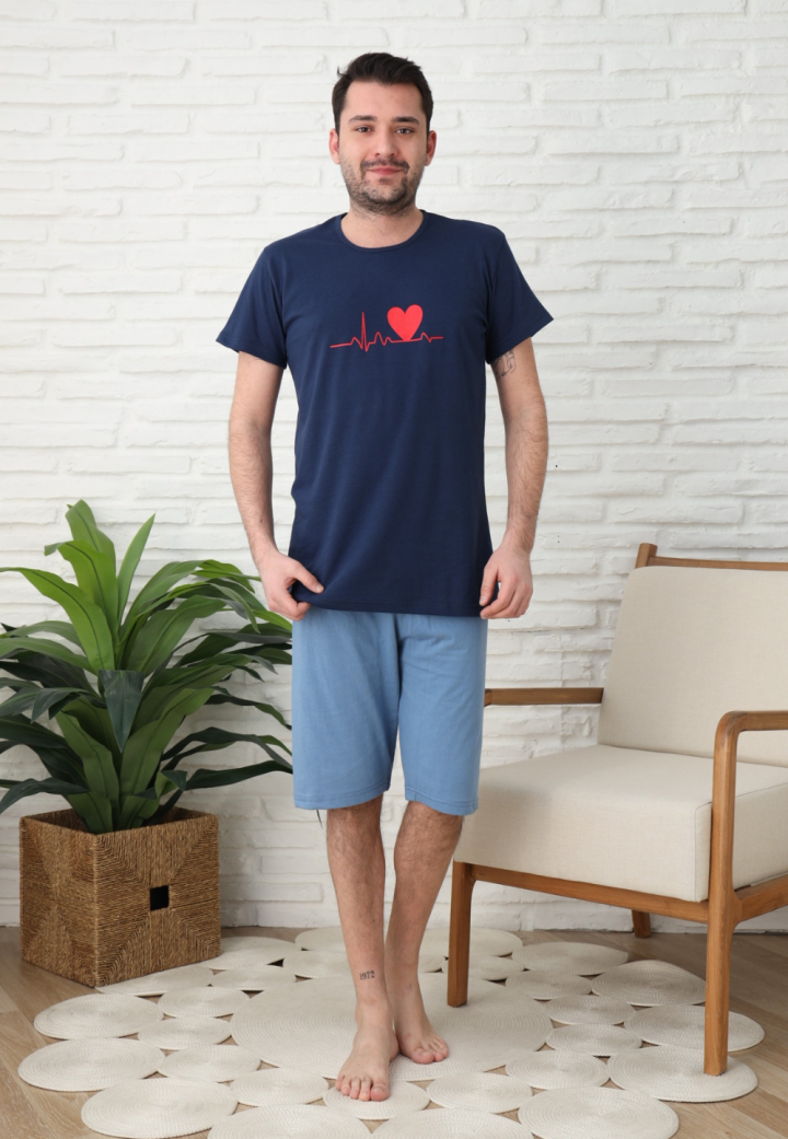 Pijama bărbați, bumbac, mânecă scurtă și pantaloni 3/4, Bleumarin