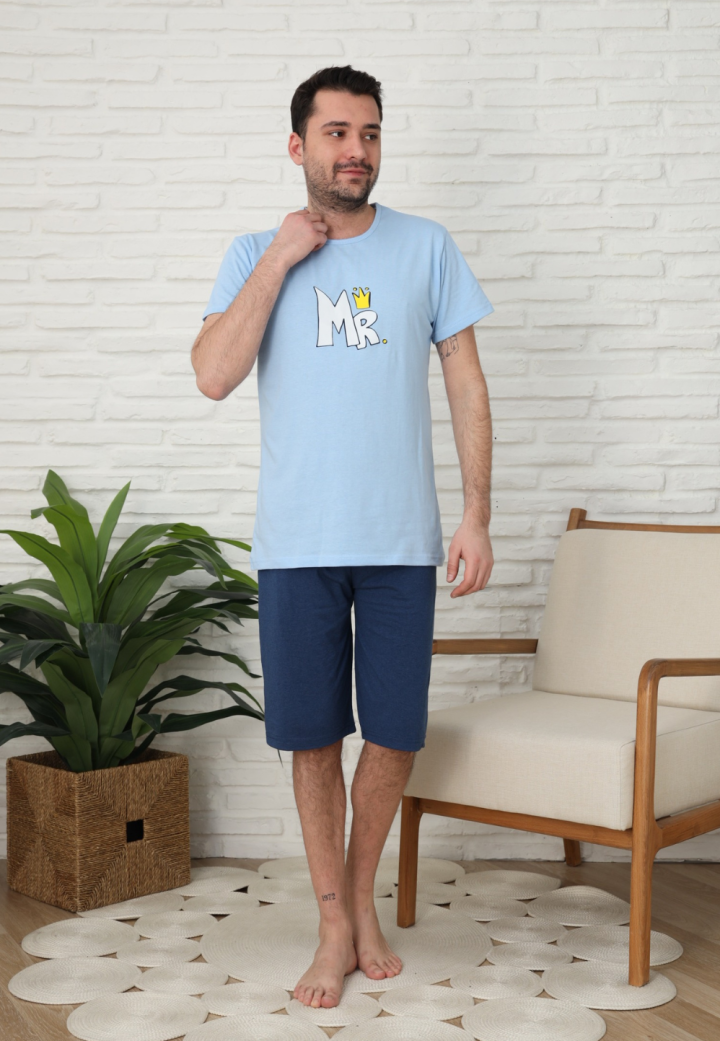 Pijama bărbați, bumbac, mânecă scurtă și pantaloni 3/4, Albastru