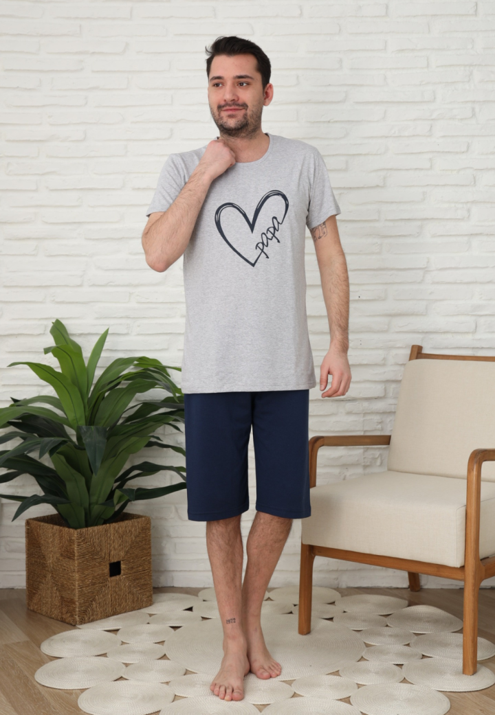 Pijama bărbați, bumbac, mânecă scurtă și pantaloni 3/4, Gri, imprimeu inima