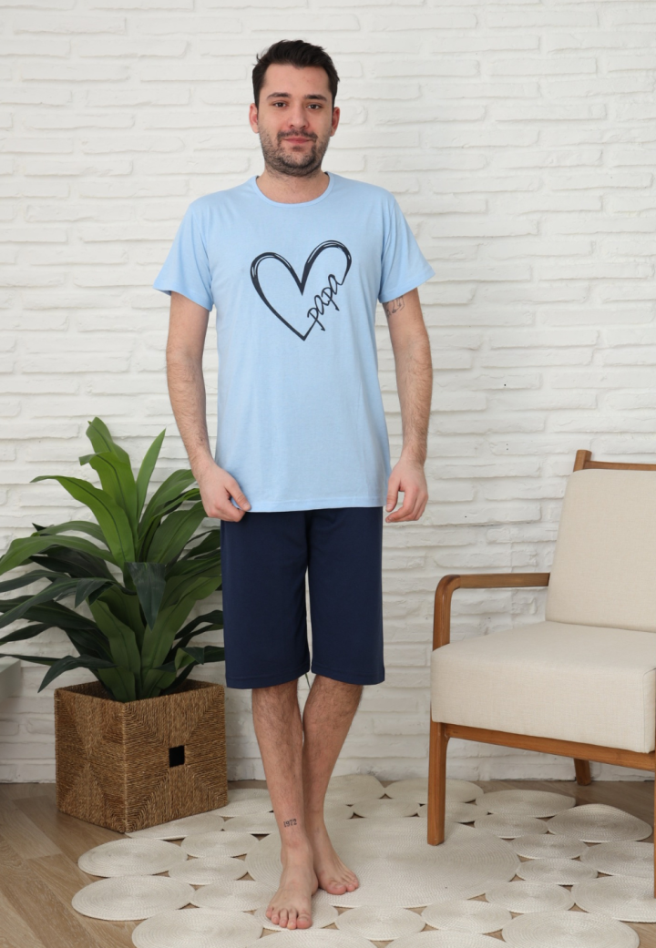 Pijama bărbați, bumbac, mânecă scurtă și pantaloni 3/4, Albastru, imprimeu inima