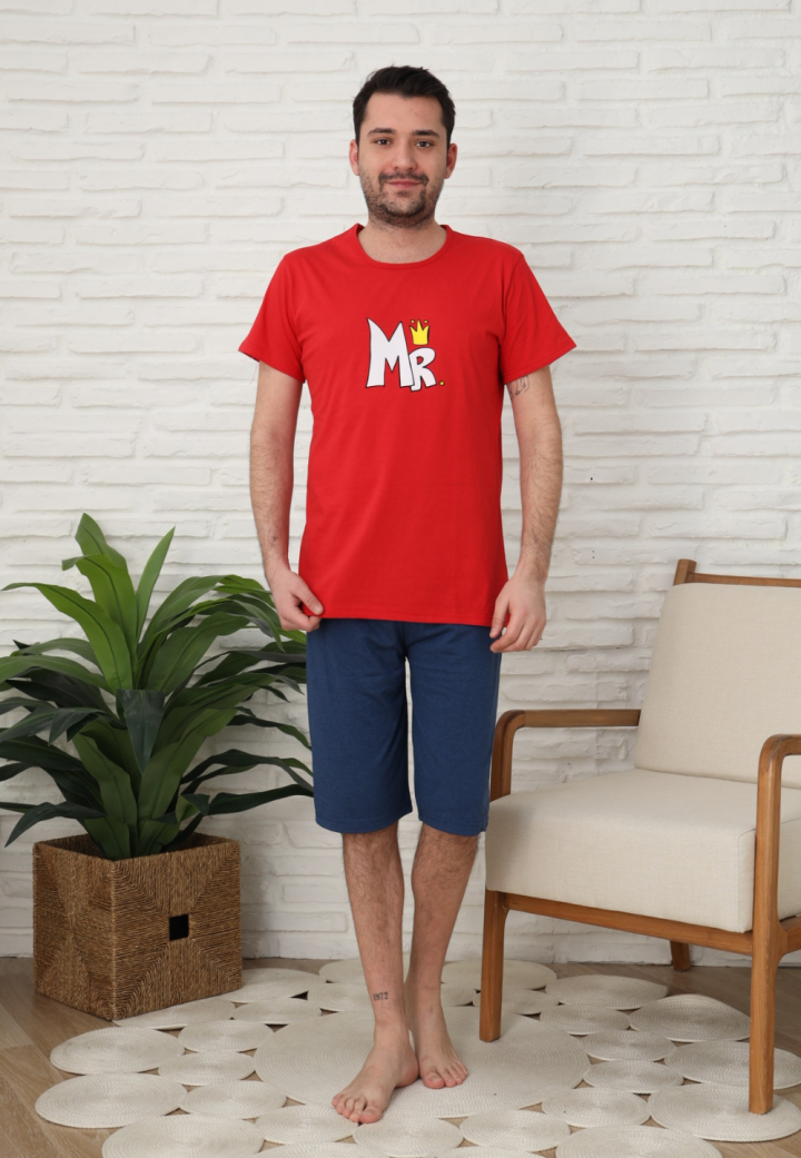 Pijama bărbați, bumbac, mânecă scurtă și pantaloni 3/4, Rosu